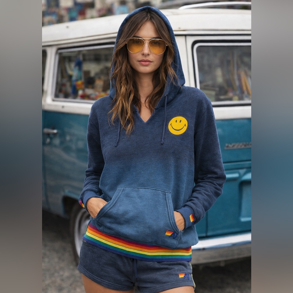 Aviator Nation Smiley Face Split Neck Hoodie Swea… - image 1